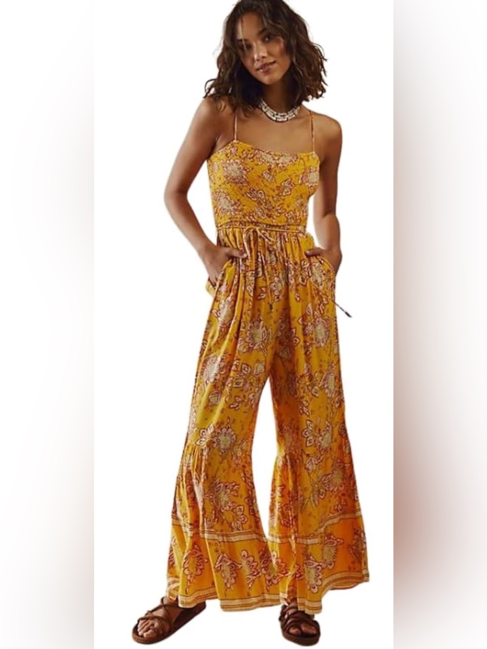 Free People Mustard Floral Wide-Leg Spaghetti-Strap Jumpsuit